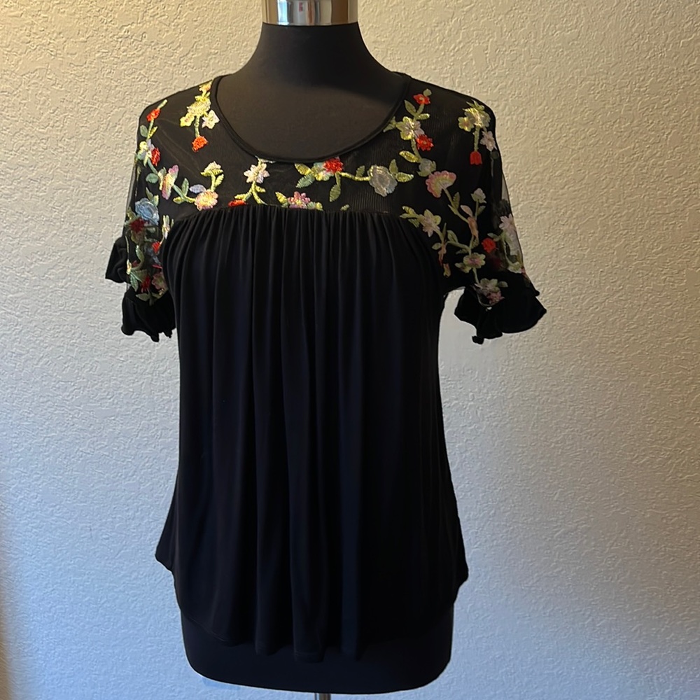 Emi and Joe, sheer/black top w/ embroidery and baby doll sleeves